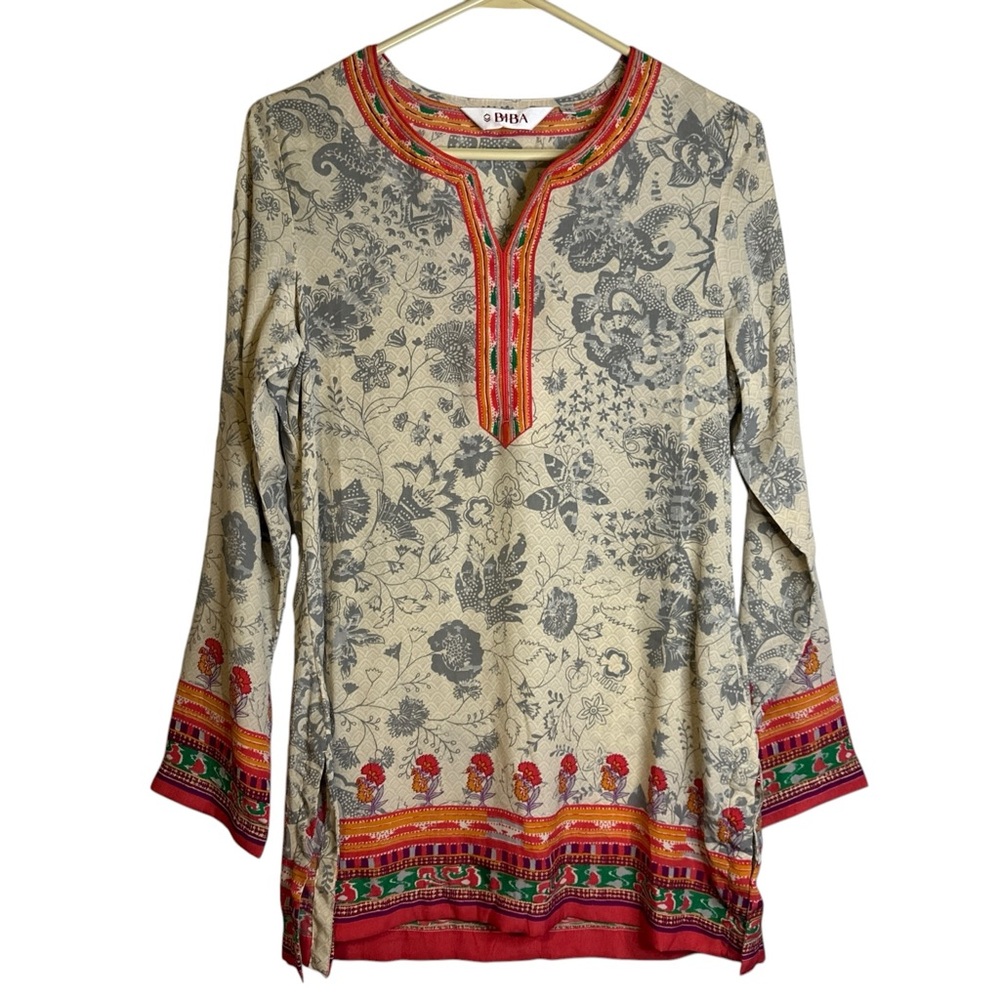 BIBA India Boho Tunic Floral Border Festival Hippie Chic Folk Artsy Top Sz 34 M